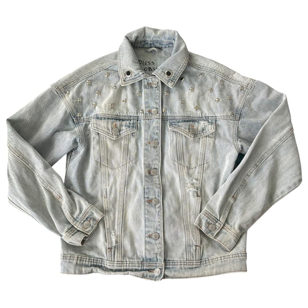 Upcycled Denim Jacket M Angel Cherub Grommet Stud Celestial Punk Boho Retro Blue - Picture 11 of 13